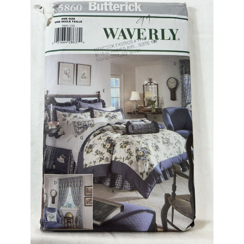 Vintage 1998 Butterick Waverly #5860 Uncut Pattern Dust Ruffle Curtains Pillows